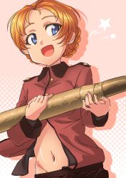 Rule 34 | 1girl, absurdres, black skirt, blue eyes, braid, clothes pull, commentary request, epaulettes, girls und panzer, groin, helmet (trailblazer003), highres, holding, jacket, long sleeves, looking at viewer, military, military uniform, navel, open clothes, open jacket, open mouth, open skirt, orange hair, orange pekoe (girls und panzer), parted bangs, pink background, pleated skirt, red jacket, shadow, short hair, skirt, skirt pull, smile, solo, st. gloriana&#039;s military uniform, standing, star (symbol), tank shell, twin braids, uniform