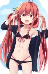 Rule 34 | 1girl, :d, ahoge, animal print, bikini, blue sky, bunching hair, cowboy shot, crescent, crescent hair ornament, day, fang, front-tie bikini top, front-tie top, gluteal fold, hair between eyes, hair ornament, kantai collection, long hair, long sleeves, looking at viewer, navel, off shoulder, open mouth, pink eyes, pink hair, rabbit print, ruffling hair, shirt, sketch, sky, smile, solo, standing, swimsuit, twintails, uzuki (kancolle), very long hair, yuki (yukin0128)