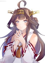 Rule 34 | &gt;:), 1girl, ahoge, bare shoulders, brown hair, closed mouth, detached sleeves, double bun, grey eyes, hair bun, japanese clothes, kantai collection, kongou (kancolle), long hair, nontraditional miko, ribbon-trimmed sleeves, ribbon trim, saiki yuzuri, simple background, smile, solo, twitter username, upper body, v-shaped eyebrows, white background, wide sleeves