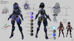 Rule 34 | 1girl, alternate color, armored bodysuit, arms at sides, black hair, bodysuit, breasts, character sheet, color guide, commentary request, full body, grey background, high heels, highres, long hair, mask, mecha musume, medium breasts, multiple views, original, pinakes, science fiction, signature, solo, standing, translation request