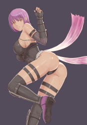 Rule 34 | 1girl, artist request, ass, ayane (doa), bare shoulders, black thighhighs, boots, breasts, cameltoe, dead or alive, fingerless gloves, from behind, from below, gloves, high heel boots, high heels, highres, large breasts, leotard, looking at viewer, looking down, parted lips, purple hair, red eyes, shin guards, shiny skin, short hair, sideboob, solo, teeth, thigh strap, thighhighs, thong leotard, upper teeth only