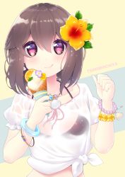 Rule 34 | 1girl, :q, artist name, bangle, bead bracelet, bead necklace, beads, bikini, bikini under clothes, black bikini, blush, bracelet, brown hair, casual, collarbone, commentary request, earrings, flower, flower bracelet, food, fruit, hair between eyes, hair flower, hair ornament, hands up, hayasui (kancolle), hibiscus, highres, holding, holding food, ice cream, jewelry, kantai collection, looking at viewer, medium hair, mint, multicolored eyes, necklace, orange (fruit), orange slice, pink ribbon, ribbon, see-through, shell, shell earrings, shell necklace, shirt, short sleeves, solo, star (symbol), swimsuit, swimsuit under clothes, tied shirt, tongue, tongue out, tsukimochikuriko (tsukimochi k), upper body, white shirt, yellow flower
