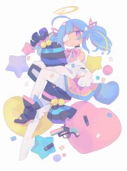 Rule 34 | 1girl, ankle boots, blue hair, boots, daizu (melon-lemon), expressionless, eyepatch, floating, gradient eyes, grey background, gun, halo, heart, heart-shaped pupils, highres, long sleeves, looking at viewer, multicolored eyes, hugging object, original, pillow, pleated skirt, purple eyes, shoes, simple background, single shoe, skirt, sleeves past wrists, solo, symbol-shaped pupils, twintails, weapon, white legwear
