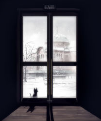 Rule 34 | cat, door, fence, glass, glass door, lamppost, original, seo tatsuya, shadow, snow, tree