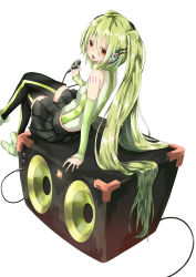 Rule 34 | 1girl, arm support, crossed legs, detached sleeves, green hair, hatsune miku, highres, la-na, long hair, microphone, open mouth, orange eyes, simple background, sitting, skirt, solo, tattoo, thighhighs, twintails, very long hair, vocaloid