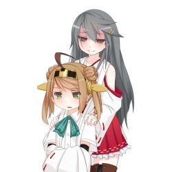 Rule 34 | 10s, 2girls, antenna hair, ascot, bare shoulders, black hair, blonde hair, breasts, brown eyes, cosplay, detached sleeves, double bun, dress shirt, female focus, grin, hair bun, hair ornament, hairband, hairclip, haruna (kancolle), headgear, unworn headgear, japanese clothes, kantai collection, kongou (kancolle), kongou (kancolle) (cosplay), long hair, michishio (kancolle), multiple girls, nontraditional miko, open mouth, shirt, short hair, short twintails, skirt, smile, suspenders, tsundere, tun, twintails, white background, yellow eyes