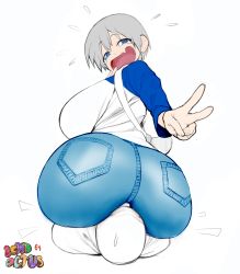 Rule 34 | 1girl, absurdres, artist name, ass, blue eyes, breasts, colorized, commentary, denim, face in ass, fang, highres, huge ass, huge breasts, jeans, looking at viewer, looking back, lying, namespace, on back, pants, short hair, simple background, sitting, sitting on face, sitting on person, smile, smug, solo focus, sweatdrop, third-party edit, uzaki-chan wa asobitai!, uzaki hana, v, white background