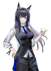 Rule 34 | 1girl, absurdres, adapted costume, animal ear fluff, animal ears, arknights, black hair, black pants, black vest, blue necktie, breasts, closed mouth, collared shirt, cowboy shot, eugle na, hand up, highres, large breasts, long hair, long sleeves, looking at viewer, necktie, pants, shirt, solo, texas (arknights), texas the omertosa (arknights), very long hair, vest, white shirt, wolf ears, yellow eyes