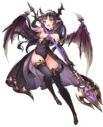 Rule 34 | 1girl, black gloves, black hair, black thighhighs, breasts, cleavage, dragon girl, dragon horns, dragon wings, elbow gloves, fang, gloves, highres, holding, holding weapon, horns, issign, long hair, medium breasts, official art, open mouth, pointy ears, simple background, slit pupils, solo, tales of erin, thighhighs, weapon, white background, wings, yellow eyes