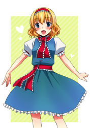Rule 34 | 1girl, :d, alice margatroid, bad id, bad pixiv id, blonde hair, blue eyes, blush, capelet, dress, female focus, frills, hairband, heart, looking at viewer, open mouth, aliasing, ribbon, sash, short hair, smile, solo, striped, striped background, tottoto tomekichi, touhou, wavy hair