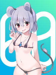 Rule 34 | 1girl, akagashi hagane, animal ears, aqua background, bikini, black bikini, breasts, commentary request, cryptocurrency, gradient background, grey hair, groin, hand in own hair, jewelry, micro bikini, mouse (animal), mouse ears, mouse tail, navel, nazrin, open mouth, pendant, red eyes, short hair, simple background, small breasts, smile, solo, swimsuit, tail, touhou, white background