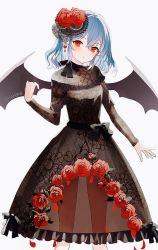 Rule 34 | 1girl, alternate costume, bat wings, black dress, blue hair, dress, earrings, flower, gothic lolita, highres, jewelry, lolita fashion, long sleeves, looking at viewer, pointy ears, red eyes, red flower, red rose, remilia scarlet, rose, sakizaki saki-p, see-through, short hair, simple background, single earring, solo, standing, touhou, twitter username, white background, wings