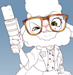 Rule 34 | 1girl, dawn bellwether, disney, female focus, furry, furry female, glasses, gradient background, green eyes, long hair, notama, partially colored, sheep, solo, white hair, zootopia