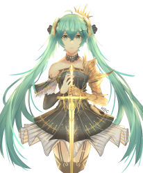 Rule 34 | 1girl, absurdres, aqua hair, artist name, asymmetrical sleeves, black bow, black thighhighs, bow, choker, collarbone, cropped legs, dress, floating hair, garter straps, gauntlets, green eyes, hair between eyes, hair bow, hair ornament, hatsune miku, highres, holding, holding sword, holding weapon, long hair, looking at viewer, short dress, simple background, sleeveless, sleeveless dress, smile, solo, standing, strapless, strapless dress, striped, striped bow, sword, thighhighs, twintails, uneven sleeves, very long hair, vocaloid, weapon, weyas kayur, white background