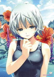 Rule 34 | 1girl, absurdres, blue eyes, cloud, day, flower, hibiscus, highres, koutaro, one-piece swimsuit, original, school swimsuit, short hair, silver hair, sky, solo, swimsuit, upper body