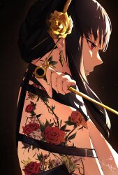 Rule 34 | 1girl, absurdres, bare shoulders, dagger, dress, earrings, flower, gold earrings, gold hairband, hairband, highres, holding, holding dagger, holding knife, holding weapon, jewelry, knife, kumah dessu, long hair, petals, red flower, red rose, rose, rose petals, short hair with long locks, shoulder tattoo, sleeveless, spy x family, stiletto (weapon), tattoo, thorns, two-sided dress, two-sided fabric, weapon, yor briar