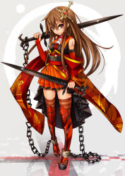 Rule 34 | 1girl, armor, bridal gauntlets, brown hair, chain, christian girl, cross, cuffs, dual wielding, greaves, hair ornament, holding, long hair, looking at viewer, miniskirt, orange skirt, original, over shoulder, pink eyes, pleated skirt, pondel, skirt, solo, standing, striped clothes, striped thighhighs, sword, tattoo, thighhighs, weapon, weapon over shoulder, zettai ryouiki