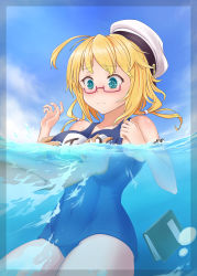 Rule 34 | 1boy, 1girl, absurdres, ahoge, aqua eyes, armband, bare shoulders, blonde hair, blue sky, blush, book, border, breasts, cameltoe, closed mouth, cloud, collarbone, covered navel, cowboy shot, dark-skinned male, dark skin, day, eyebrows, eyelashes, fingernails, frown, glasses, grabbing, grabbing another&#039;s breast, groping, hair tie, hat, hetero, highres, i-8 (kancolle), kantai collection, large breasts, looking down, low twintails, name tag, ocean, one-piece swimsuit, outdoors, palms, partially submerged, partially underwater shot, red-framed eyewear, sailor hat, school swimsuit, semi-rimless eyewear, short hair, skindentation, sky, solo focus, swimsuit, torpedo, toyo-1040-maruthi, twintails, under-rim eyewear, underwater, water, white hat