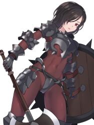 Rule 34 | 1girl, armor, axe, berengaria (unicorn overlord), bikini armor, bodysuit, brown hair, covered navel, highres, holding, holding axe, holding shield, itakama, looking at viewer, red bodysuit, red eyes, shield, skin tight, spiked armor, unicorn overlord