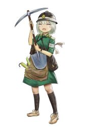 Rule 34 | 1girl, alternate costume, apron, armband, brown apron, brown helmet, closed eyes, commentary request, cookie (touhou), dress, dynamite, epaulettes, explosive, full body, green dress, grey hair, hard hat, helmet, highres, holding, holding pickaxe, holding shovel, konpaku youmu, leg wrap, medium bangs, open mouth, pickaxe, pouch, sandals, short hair, short sleeves, shovel, simple background, smile, solo, tihami, touhou, waist apron, white background, zerukalo (cookie), zouri