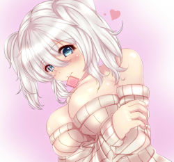 Rule 34 | 10s, 1girl, bad id, bad pixiv id, bare shoulders, blue eyes, blush, breast hold, breasts, bursting breasts, cleavage, condom, condom in mouth, condom wrapper, crossed arms, gradient background, heart, kantai collection, kashima (kancolle), large breasts, looking at viewer, mouth hold, pink background, re:ia, short hair, silver hair, simple background, solo, twintails