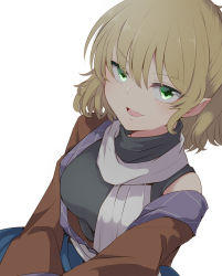 Rule 34 | 1girl, aoi (annbi), blonde hair, commentary, green eyes, highres, looking at viewer, mizuhashi parsee, open mouth, pointy ears, scarf, simple background, solo, touhou, white background, white scarf