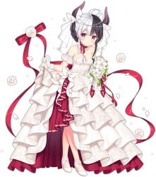 Rule 34 | 1girl, ahoge, ark order, bare shoulders, black hair, black horns, blush, bouquet, bow, bow choker, braid, breasts, bridal veil, choker, cleavage, closed mouth, detached sleeves, diadem, dress, flower, full body, gem, hela (ark order), high heels, holding, holding bouquet, horn bow, horn ornament, horns, ikataruto, long hair, looking at viewer, medium breasts, multicolored hair, official art, pearl (gemstone), red bow, red choker, red dress, red eyes, rose, shoes, short sleeves, sidelocks, smile, solo, split-color hair, standing, strapless, strapless dress, tachi-e, transparent background, two-tone dress, veil, wedding dress, white bow, white flower, white footwear, white rose