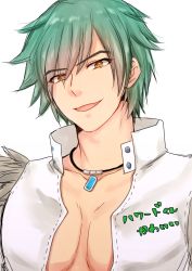 Rule 34 | 1boy, commentary request, green hair, hair between eyes, howard alt-eisen, jewelry, looking at viewer, male focus, necklace, open clothes, open mouth, open shirt, orange eyes, pectoral cleavage, pectorals, ragnarok online, sasamuke pika, shirt, short hair, simple background, smile, solo, upper body, white background, white shirt, whitesmith (ragnarok online)