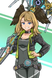 Rule 34 | 1girl, belt, black bodysuit, black choker, black jacket, black wings, blue eyes, bodysuit, breast tattoo, breasts, choker, cleavage, eunie (xenoblade), grin, hand on own hip, head wings, highres, holding, holding weapon, hood, i llius, jacket, long hair, long sleeves, looking at viewer, medium breasts, open clothes, open jacket, simple background, smile, solo, staff, tattoo, weapon, wings, xenoblade chronicles (series), xenoblade chronicles 3