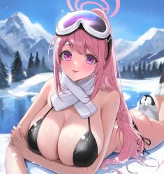 Rule 34 | 1girl, absurdres, ass, bikini, bird, black bikini, blue archive, blurry, blurry background, blush, breasts, cleavage, eimi (blue archive), eimi (swimsuit) (blue archive), goggles, goggles on head, halo, highres, huge breasts, looking at viewer, lying, mountain, official alternate costume, on stomach, outdoors, penguin, pink eyes, pink hair, pink halo, ponytail, revision, scarf, sheng zhidou, side-tie bikini bottom, ski goggles, skindentation, smile, snow, snowing, solo, swimsuit, white scarf