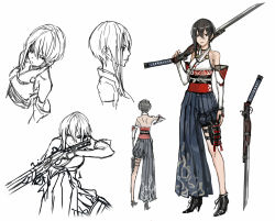 Rule 34 | 1girl, aiming, asymmetrical clothes, bayonet, black hair, character sheet, choker, elbow gloves, fingerless gloves, from above, from behind, gloves, gun, high heels, highres, infukun, japanese clothes, musket, obi, profile, sash, short hair, shoulder blades, simple background, sketch, traditional clothes, weapon, white background