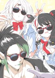 Rule 34 | 1boy, 2girls, :d, black hair, bow, bowtie, breasts, cleavage, collared shirt, earrings, fabulous, folded ponytail, gloves, green hair, hair bobbles, hair ornament, hanabatake chaika, hands up, highres, jacket, jewelry, looking at viewer, looking over eyewear, looking over glasses, multicolored hair, multiple girls, nekoume, nijisanji, open mouth, red bow, red eyes, red hair, red neckwear, shiina yuika, shirt, smile, split-color hair, streaked hair, sunglasses, tinted eyewear, twintails, two-tone hair, virtual youtuber, w, white gloves, white hair, white shirt, wing collar, yorumi rena