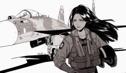 Rule 34 | 1girl, ace combat, ace combat 04, aircraft, airplane, black hair, collarbone, fighter jet, hand on own hip, holding, jet, long hair, looking to the side, military, military vehicle, monochrome, namco, patch, pilot, pilot helmet, pilot suit, shadow, signature, skyleranderton, solo, standing, su-37, yellow 4
