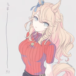 Rule 34 | 1girl, :o, animal ears, blonde hair, blue eyes, breasts, ear ornament, gold city (umamusume), grey background, half updo, horse ears, horse girl, horse tail, impossible clothes, inutose, jewelry, long hair, looking at viewer, necklace, red shirt, shirt, shirt tucked in, short sleeves, simple background, small breasts, solo, standing, tail, twitter username, umamusume, upper body