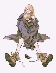 Rule 34 | 1girl, ankle boots, bare shoulders, biting, blonde hair, bone, boots, brass knuckles, brown footwear, character doll, coat, commentary, cross-laced footwear, ear piercing, english commentary, full body, grey background, grey coat, guideau, head tilt, highres, huangdanlan, lace-up boots, long hair, long sleeves, looking at viewer, majo to yajuu, mixed-language commentary, mouth hold, off shoulder, open mouth, outstretched leg, piercing, shoe soles, simple background, sitting, sleeves past fingers, sleeves past wrists, solo, spread legs, untied, v arms, v legs, weapon, yellow eyes