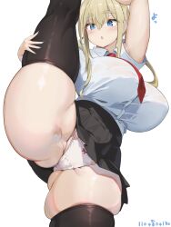 Rule 34 | 1girl, :o, arm up, aymusk, black skirt, black thighhighs, blonde hair, blue eyes, blush, breasts, collared shirt, commentary request, curvy, flexible, freckles, freckles-chan (aymusk), highres, huge breasts, nail polish, open mouth, original, panties, pleated skirt, school uniform, shirt, short sleeves, simple background, skirt, solo, split, standing, standing on one leg, standing split, thick thighs, thighhighs, thighs, underwear, white background, white panties, white shirt