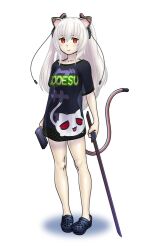 Rule 34 | 1girl, @ @, animal ears, animal print, arms at sides, black shirt, blush, cable, cat ears, cat girl, cat print, cat tail, closed mouth, crocs, full body, gun, handgun, holding, holding gun, holding sword, holding weapon, long hair, looking at viewer, magari (c0rn3r), mechanical ears, mechanical tail, no pants, nora cat, nora cat channel, print shirt, red eyes, shirt, short sleeves, simple background, smile, solo, standing, sword, t-shirt, tail, text print, variant set, virtual youtuber, weapon, white background, white hair