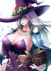 Rule 34 | 1girl, 2.5 jigen no ririsa, absurdres, amano ririsa, beads, book, breasts, cape, closed mouth, collarbone, commentary, covered navel, eyepatch, fur trim, gem, grey hair, hat, highres, holding, holding book, huge breasts, jewelry, kangaruu (momotk1109), large hat, long hair, looking at viewer, necklace, open book, petals, quartz (gemstone), red eyes, simple background, smile, solo, upper body, white background, witch hat