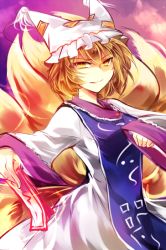 Rule 34 | 1girl, animal hat, blonde hair, dress, fox tail, hat, hat with ears, kutsuki kai, long sleeves, looking at viewer, mob cap, multiple tails, mob cap, shaded face, smile, solo, spell card, tabard, tail, touhou, white dress, wide sleeves, yakumo ran, yellow eyes