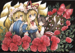 Rule 34 | 3girls, animal ears, animal hat, artist name, bare shoulders, blonde hair, blush, bow, breasts, brown eyes, brown hair, calligraphy brush (medium), cat ears, cat tail, chen, choker, cleavage, corset, dated, dress, earrings, elbow gloves, flower, fox tail, frilled gloves, frilled skirt, frills, gap (touhou), gloves, green hat, hair between eyes, hands together, hat, hat ribbon, jewelry, light particles, long hair, long sleeves, looking at viewer, medium breasts, mob cap, mosho, multiple girls, multiple tails, painting (medium), puffy short sleeves, puffy sleeves, purple dress, purple eyes, red flower, red rose, red skirt, red vest, ribbon, ribbon choker, rose, short hair, short sleeves, skirt, skirt set, smile, tail, touhou, traditional media, two tails, upper body, vest, watercolor (medium), white dress, white gloves, wide sleeves, yakumo ran, yakumo yukari, yellow eyes