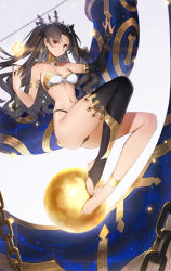 Rule 34 | 1girl, anklet, armlet, asymmetrical legwear, asymmetrical sleeves, bare shoulders, bikini, black bikini, black bow, black hair, black thighhighs, blush, bow, breasts, bridal gauntlets, cleavage, closed mouth, collarbone, detached collar, detached sleeves, duan henglong, earrings, fate/grand order, fate (series), feet, hair bow, heavenly boat maanna, highres, hoop earrings, ishtar (fate), jewelry, legs, long hair, looking at viewer, medium breasts, mismatched bikini, navel, neck ring, parted bangs, red eyes, simple background, single detached sleeve, single thighhigh, smile, solo, swimsuit, thighhighs, tiara, toeless legwear, two side up, uneven legwear, uneven sleeves, weapon, white background, white bikini