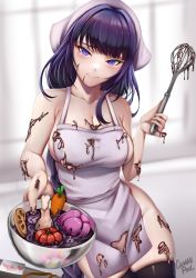 Rule 34 | 1girl, absurdres, apron, bad food, bare arms, bare shoulders, black thighhighs, blurry, blurry background, blush, bowl, breasts, caiman pool, carrot, chicken leg, chocolate, chocolate on body, chocolate on breasts, cleavage, collarbone, commentary request, food on body, genshin impact, groin, hand up, head scarf, head tilt, highres, holding, holding bowl, holding whisk, indoors, large breasts, long hair, looking at viewer, naked apron, purple apron, purple eyes, purple hair, raiden shogun, skindentation, solo, tears, thighhighs, thighs, whisk