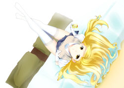 Rule 34 | 1girl, bed, blonde hair, breast hold, breasts, controller, dutch angle, elbow gloves, gloves, hair flowing over, hair spread out, legs up, long hair, looking at viewer, lying, neo (tyottama), on back, parted lips, pillow, pleated skirt, remote control, school uniform, shokuhou misaki, short sleeves, skirt, solo, sweater vest, thighhighs, toaru kagaku no railgun, toaru majutsu no index, upside-down, white gloves, white thighhighs, yellow eyes, zettai ryouiki