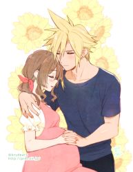 Rule 34 | 1boy, 1girl, aerith gainsborough, alternate costume, alternate hairstyle, arm around shoulder, black pants, blonde hair, blue shirt, blush, brown hair, casual, closed eyes, cloud strife, couple, cowboy shot, dress, earrings, final fantasy, final fantasy vii, final fantasy vii remake, floral background, flower, hair between eyes, holding hands, jewelry, krudears, maternity dress, pants, parted bangs, parted lips, pink dress, pregnant, ring, shirt, side ponytail, sidelocks, single earring, smile, spiked hair, square enix, sunflower, t-shirt, twitter username, watermark, wavy hair, web address, white background, white shirt