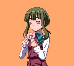 Rule 34 | 10s, blush, closed eyes, eating, green hair, highres, kantai collection, school uniform, short hair with long locks, simple background, solo, takanami (kancolle), type-moongundam