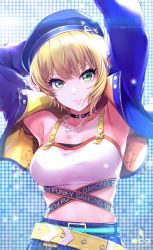 Rule 34 | 1girl, arm behind head, armpits, arms up, artist name, bead necklace, beads, belt, beret, blonde hair, blue jacket, breasts, choker, collarbone, crop top, cropped jacket, eyelashes, green eyes, hat, highres, idolmaster, idolmaster cinderella girls, infinote, jacket, jewelry, medium breasts, midriff, miyamoto frederica, musical note, necklace, open clothes, open jacket, parted lips, short hair, solo, sparkle, sparkle background, upper body