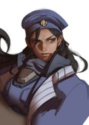 Rule 34 | 1girl, aged down, ana (overwatch), armor, beret, black hair, blue jacket, bodysuit, brown eyes, captain amari, closed mouth, dark-skinned female, dark skin, et.m, facial mark, facial tattoo, hat, jacket, lips, lipstick, long hair, makeup, military, military uniform, official alternate costume, overwatch, overwatch 1, power armor, power suit, serious, simple background, solo, tattoo, uniform, upper body, white background