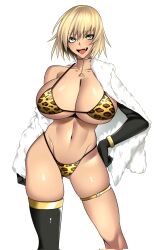 Rule 34 | 1girl, :d, animal print, bikini, black footwear, black gloves, black thighhighs, border, breasts, coat, commission, cropped, elbow gloves, fang, full body, fur coat, gloves, gold bikini, green eyes, grey background, hand on own hip, highres, huge breasts, hz (666v), jacket, jewelry, leopard print, necklace, off shoulder, open clothes, open mouth, original, second-party source, short hair, single elbow glove, single thighhigh, skeb commission, smile, standing, swimsuit, thighhighs, triangle necklace, white border, white coat