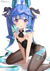 Rule 34 | 1girl, @ @, ahoge, animal ears, between legs, black bow, black leotard, blue hair, blush, bow, breasts, brown pantyhose, collar, commentary request, dated, detached collar, green hair, hand between legs, highres, hirota fruit, horse ears, horse girl, horse tail, leotard, long hair, looking at viewer, multicolored hair, pantyhose, parted lips, playboy bunny, purple eyes, rabbit tail, shadow, simple background, small breasts, solo, strapless, strapless leotard, tail, thick eyebrows, thighband pantyhose, twin turbo (umamusume), twitter username, two-tone hair, umamusume, very long hair, white background, white collar, wing collar