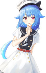 Rule 34 | 1girl, arm behind back, belt, black bow, blue hair, blue nails, blunt bangs, blush, bow, breasts, buttons, commentary, cowboy shot, dot nose, dress, fuji noyume, hair flaps, hat, hat bow, highres, long hair, nail polish, necktie, original, parted lips, red eyes, sailor collar, sailor hat, short sleeves, simple background, small breasts, solo, standing, symbol-only commentary, v over mouth, very long hair, white background, white dress, white hat, white necktie